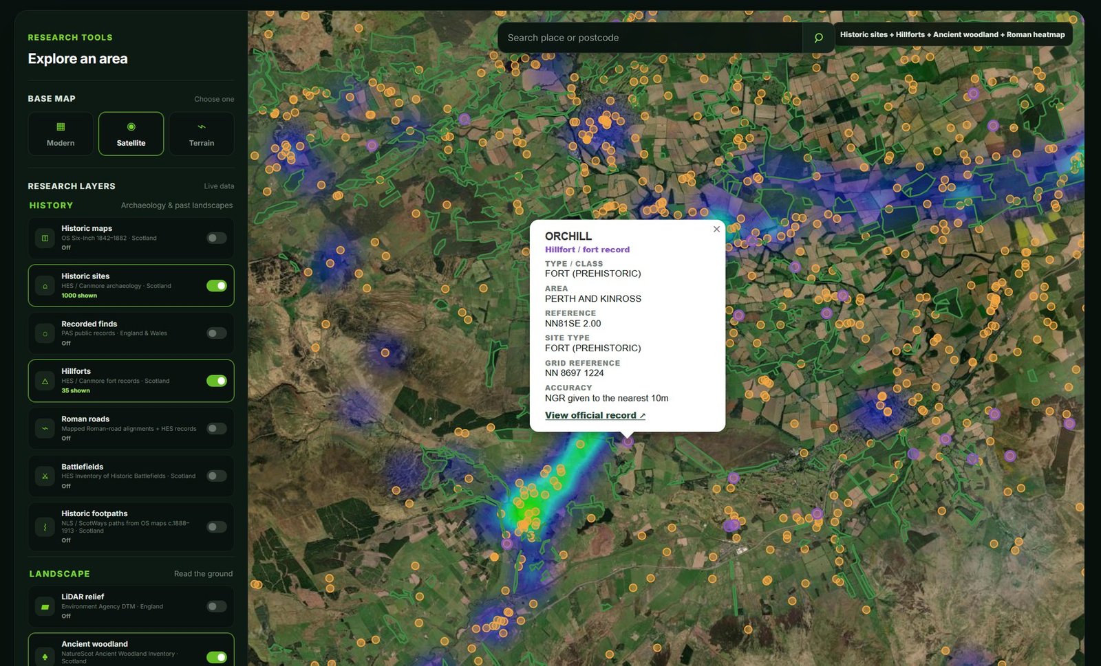 DetectraPro Research interface showing satellite mapping, historic sites, hillforts, ancient woodland and a Roman heatmap